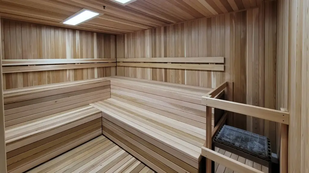 Replaced cedar benches and wall cladding in a restored fitness club sauna