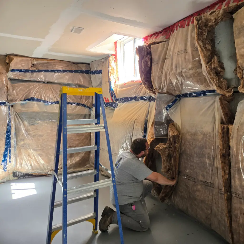 Water-affected basement insulation being removed to expose the concrete wall behind